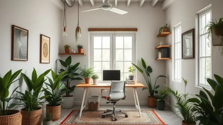 Home office vibrante com design brasileiro, plantas e iluminação natural.