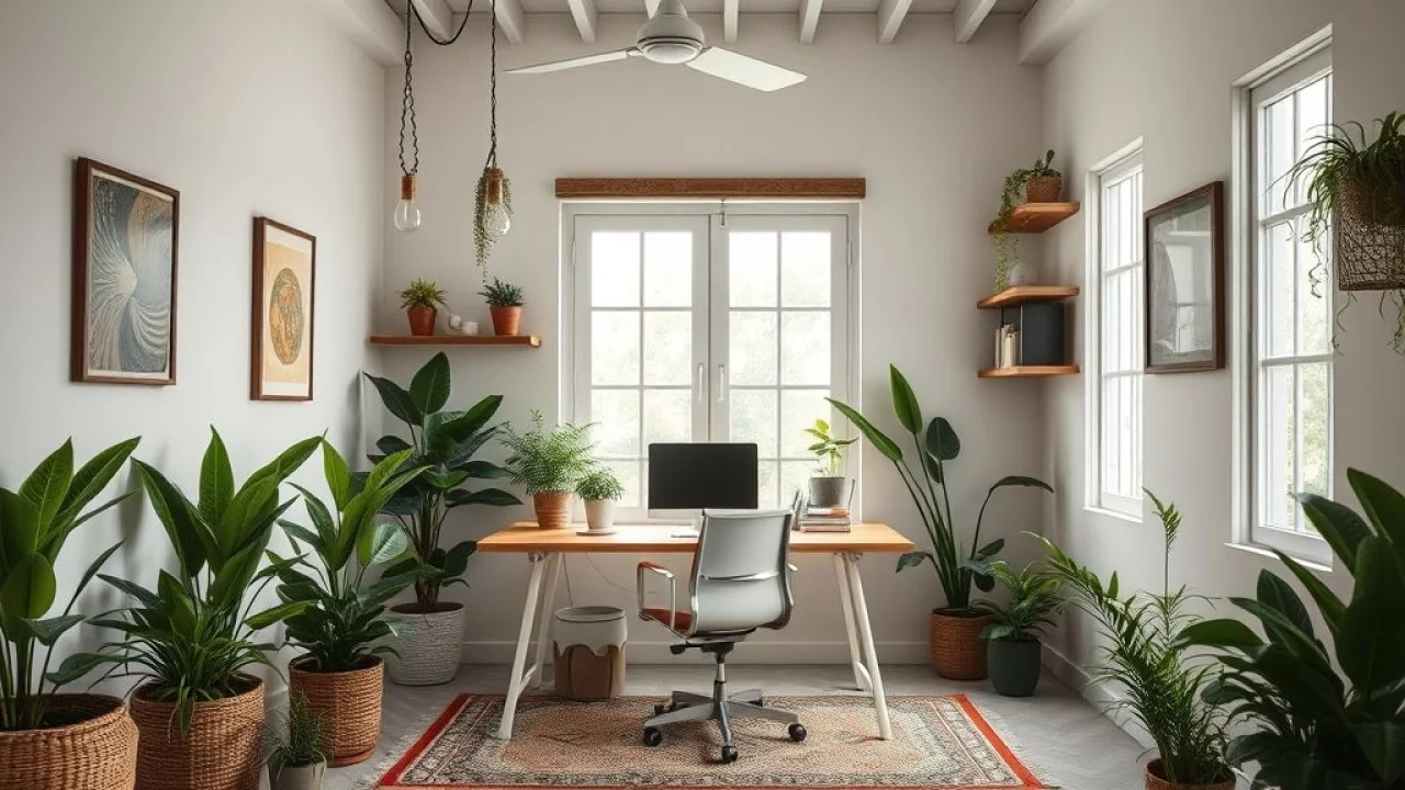 Home office vibrante com design brasileiro, plantas e iluminação natural.