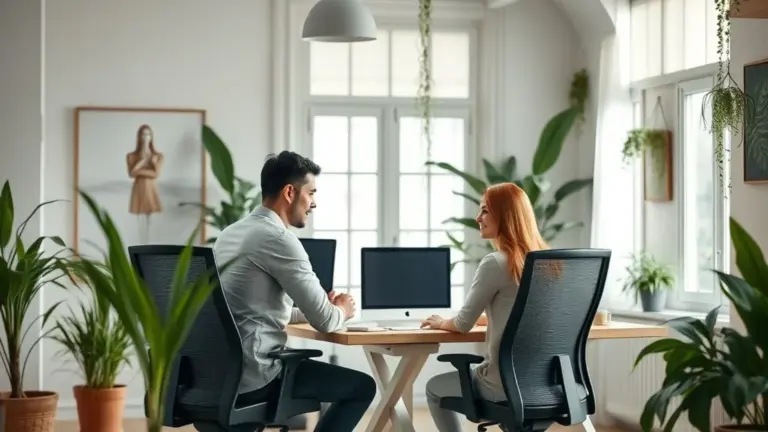 Home office compartilhado por casal, decoração brasileira vibrante, plantas e iluminação natural.