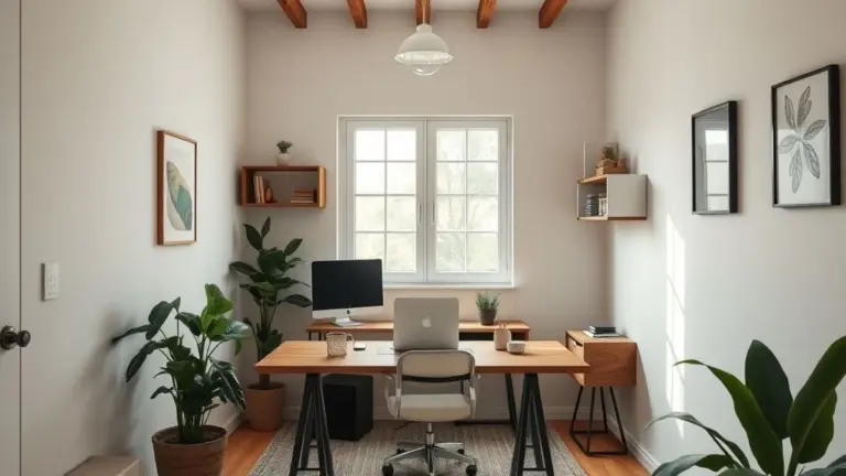 Home office pequeno e minimalista com mesa de madeira, planta e iluminação natural, estilo brasileiro.
