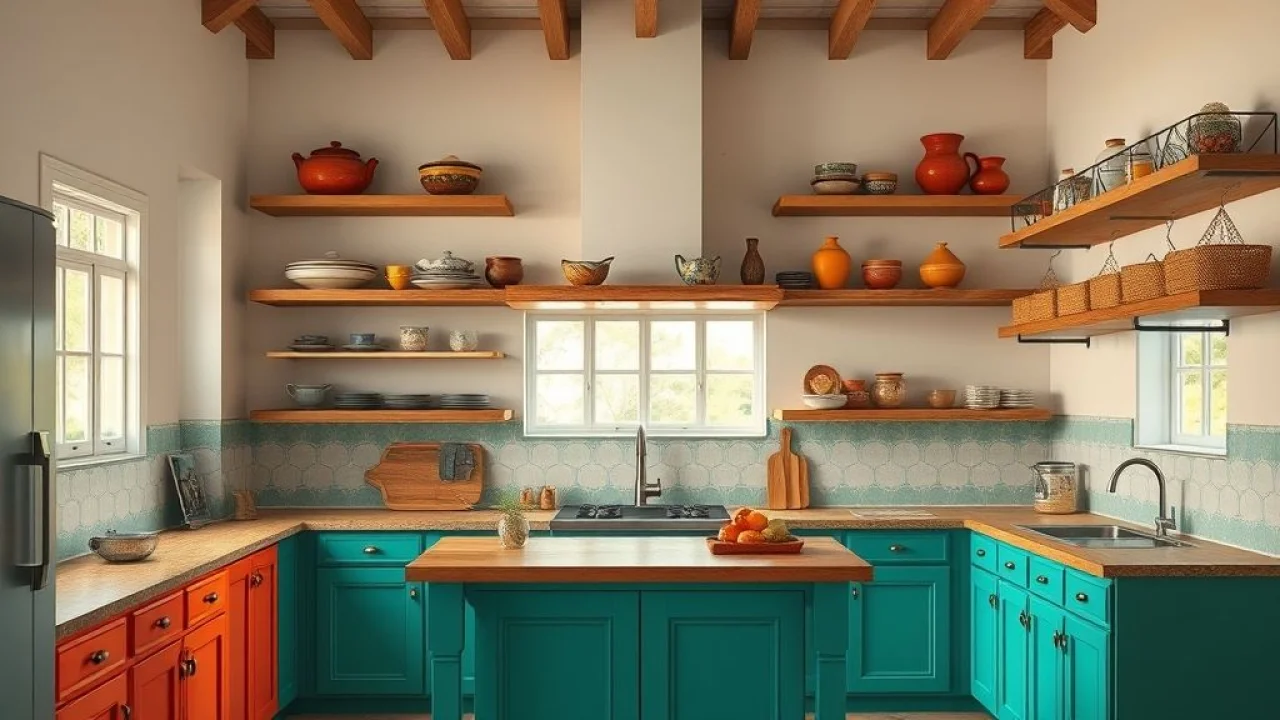 Cozinha vibrante com armários coloridos, prateleiras abertas e cerâmica, estilo brasileiro.