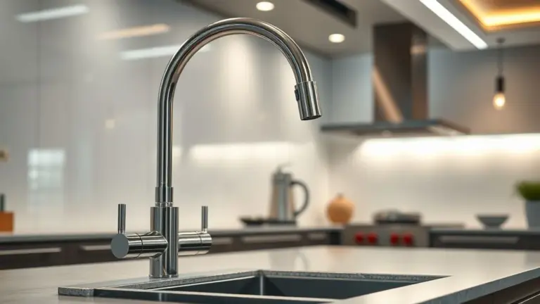 Cozinha moderna com torneira gourmet de aço inoxidável e bica flexível.