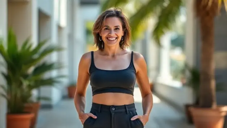 Mulher brasileira 40+ sorrindo, usando cropped estiloso e calça de cintura alta com confiança.