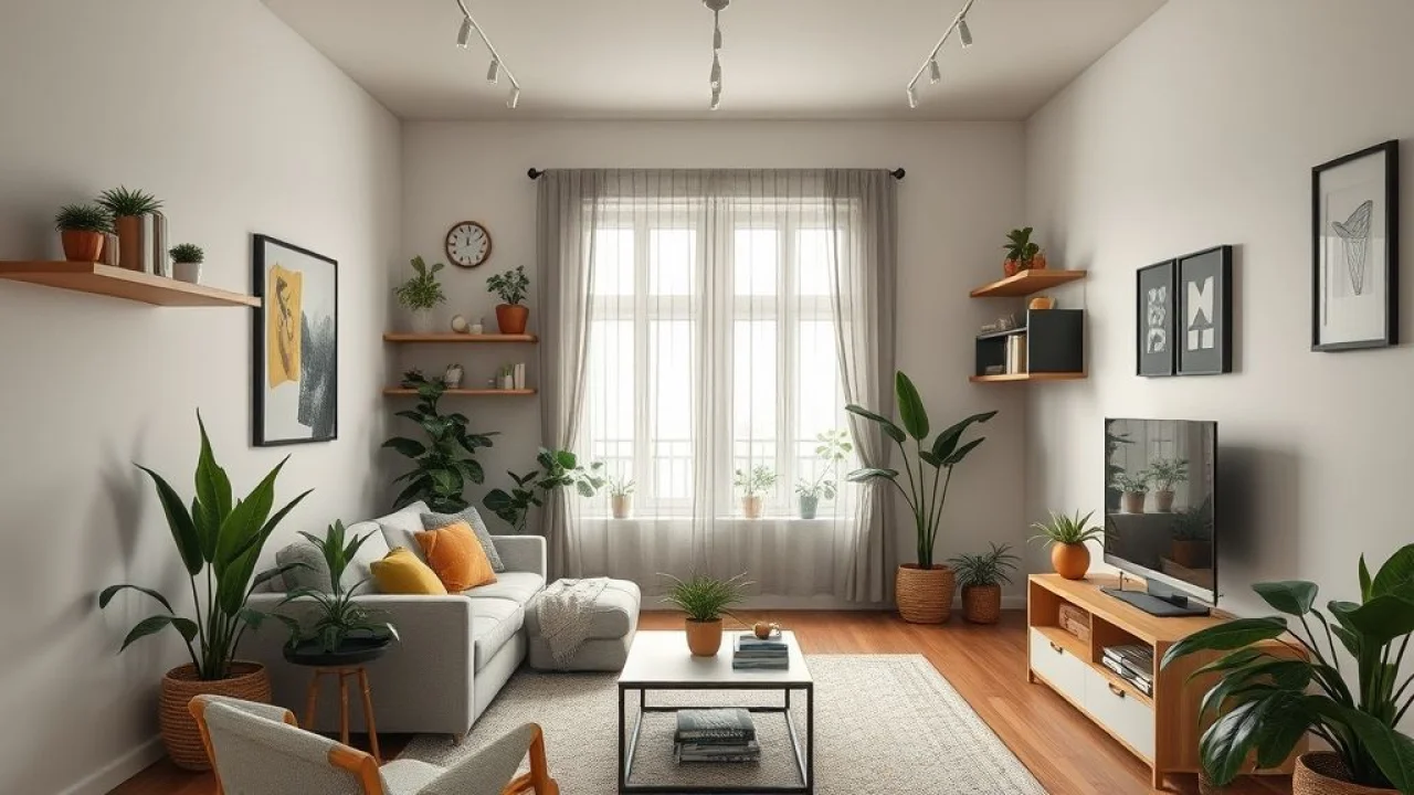 Sala pequena organizada com prateleiras, plantas e estilo brasileiro.