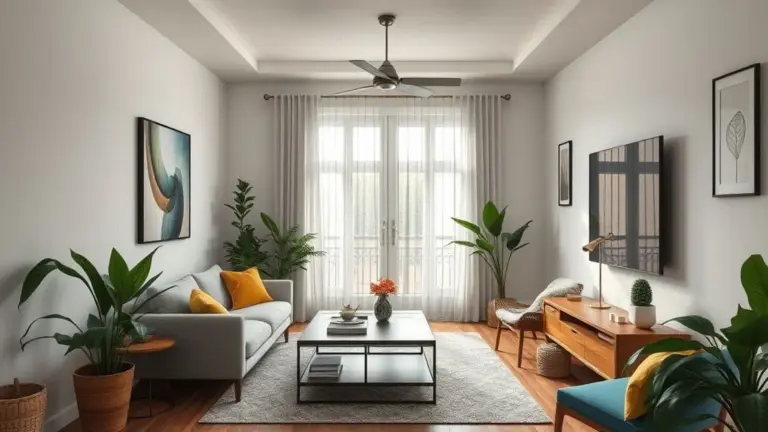 Sala pequena e moderna com design brasileiro, cores vibrantes, iluminação natural e plantas.