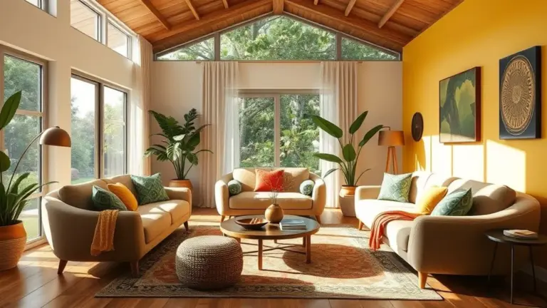 Sala de estar com móveis curvos, design brasileiro vibrante e iluminação natural.