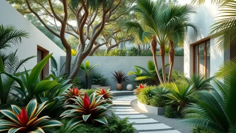 Jardim moderno com plantas nativas, design minimalista e iluminação natural, estilo brasileiro.