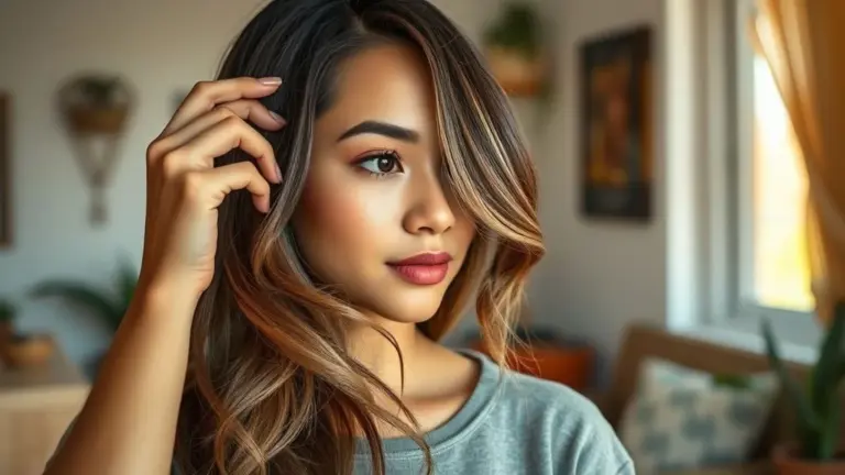 Mulher morena aplicando tinta no cabelo para criar um efeito ombre hair em casa, com iluminação natural e visual moderno.