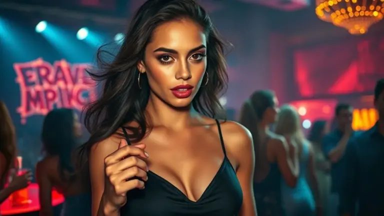 Mulher brasileira dançando em balada, vestindo preto, com perfume marcante.