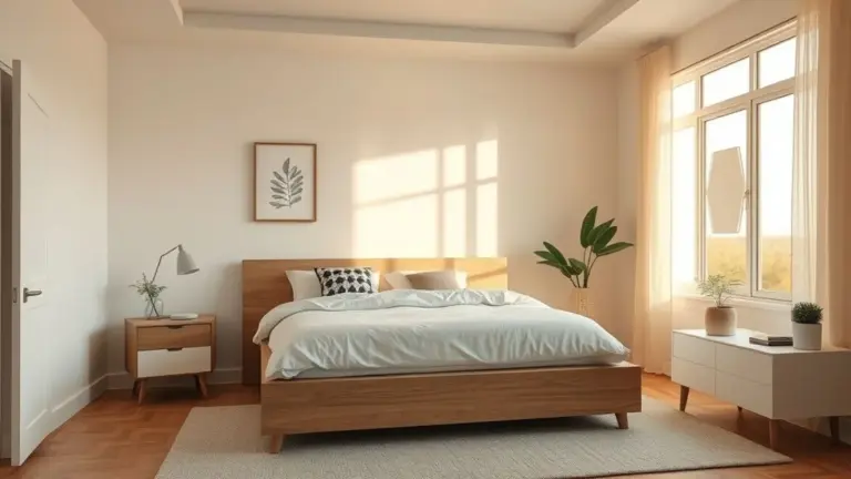 Quarto moderno com cama box, decoração minimalista e iluminação suave.