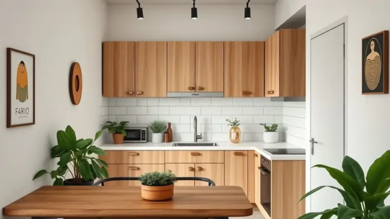 Cozinha planejada pequena e moderna em apartamento brasileiro, com armários de madeira clara e decoração otimizada.