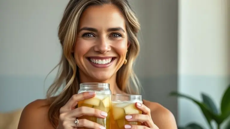 Mulher brasileira radiante sorrindo, segurando bebida de colágeno, pele saudável e firme.