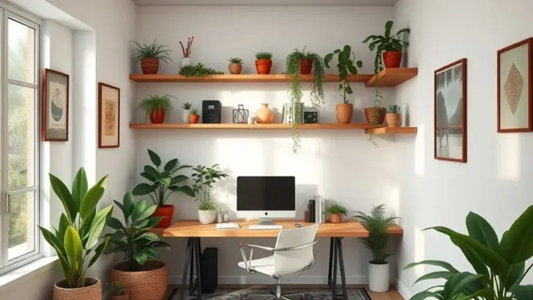 Home office pequeno decorado com prateleiras, plantas e estilo brasileiro vibrante.