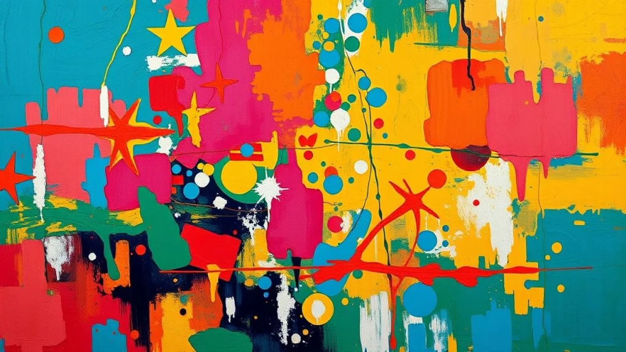 Pintura abstrata vibrante em tela com texturas ricas e cores ousadas, estilo artístico brasileiro.