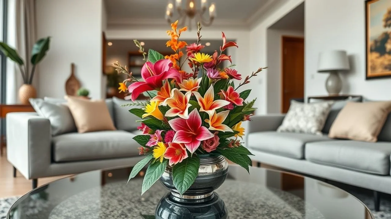 Arranjo de flores artificiais vibrante em mesa de centro de sala de estar moderna brasileira.