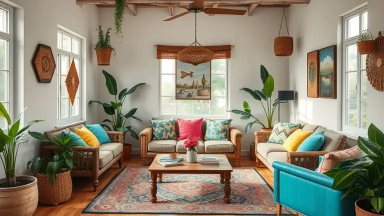 Sala decorada com DIY, móveis reciclados, almofadas coloridas e plantas.