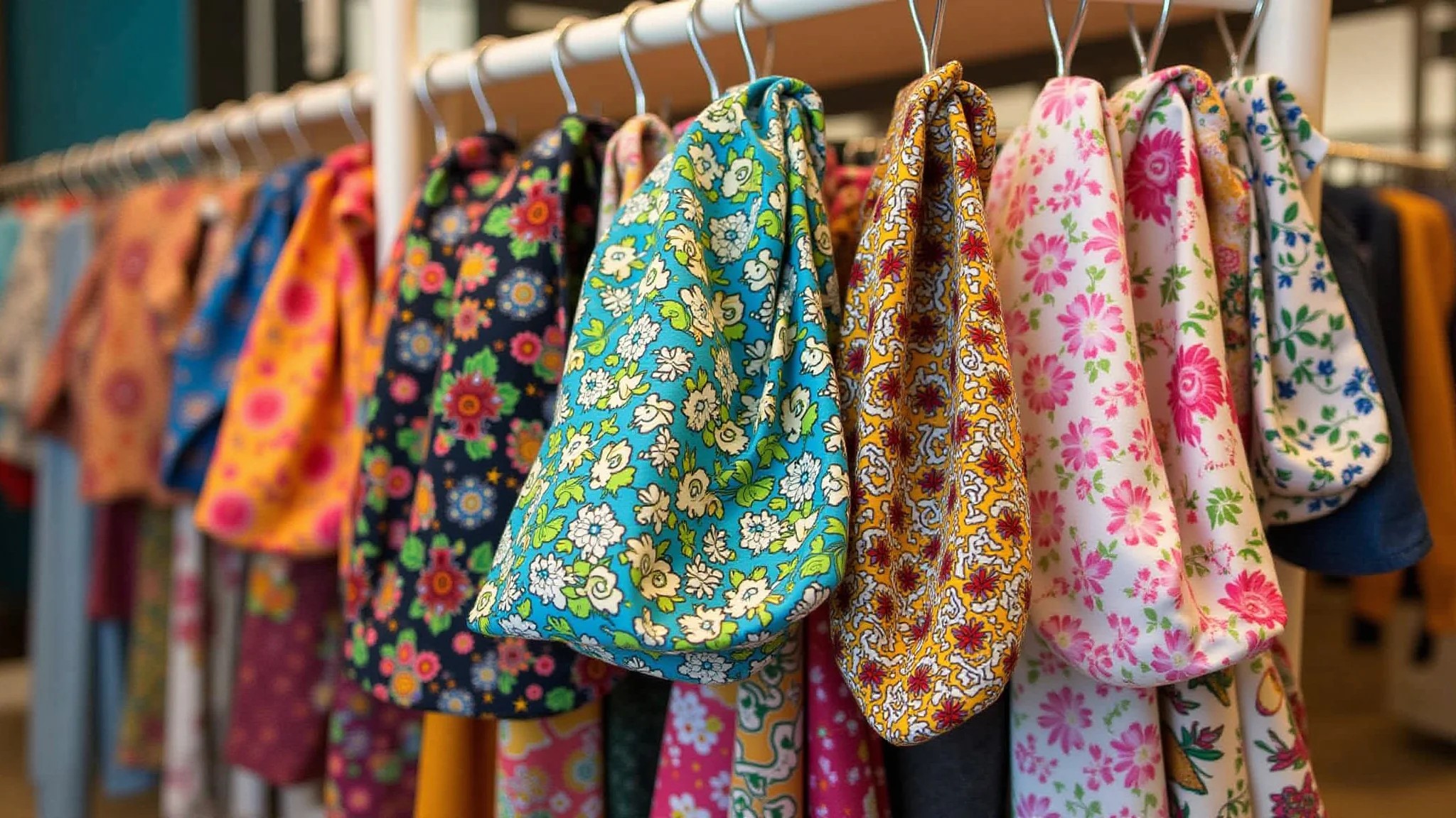 Acessórios de tecido upcycled, cores vibrantes e padrões brasileiros.