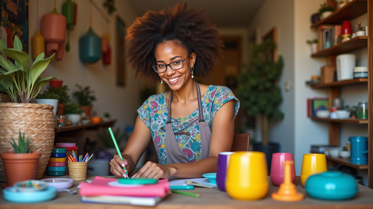 Mulher criando decoração com materiais reciclados.