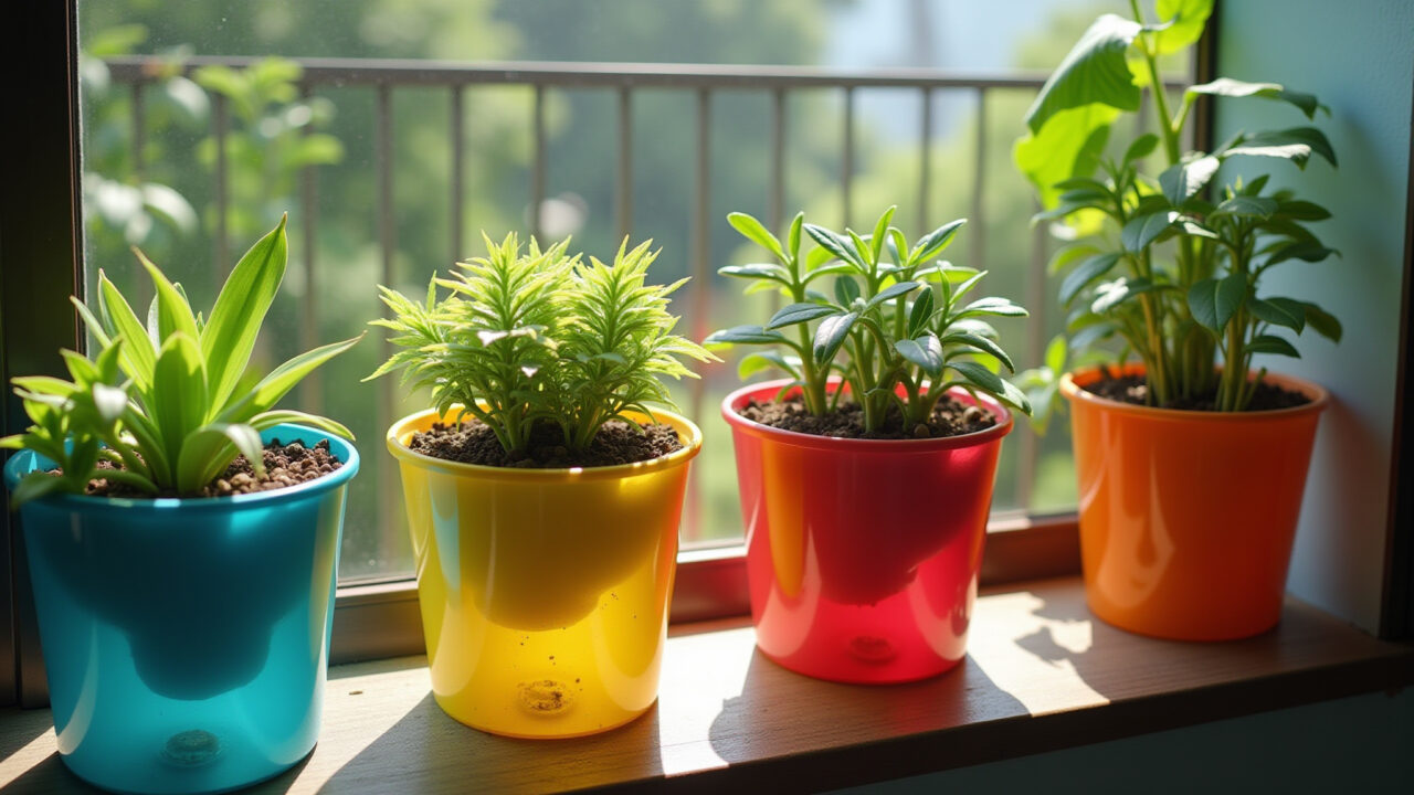 Vasos de plantas feitos de garrafa PET reciclada em varanda colorida.
