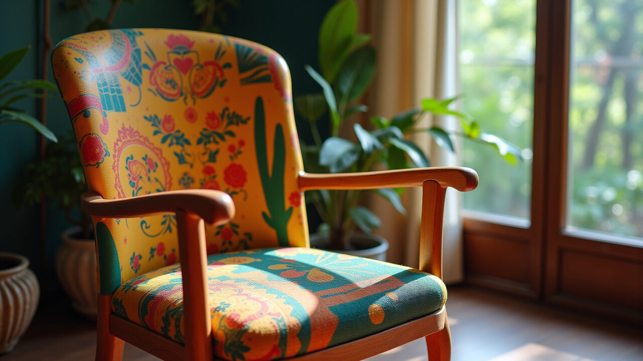 Cadeira antiga renovada com cores vibrantes e design brasileiro.
