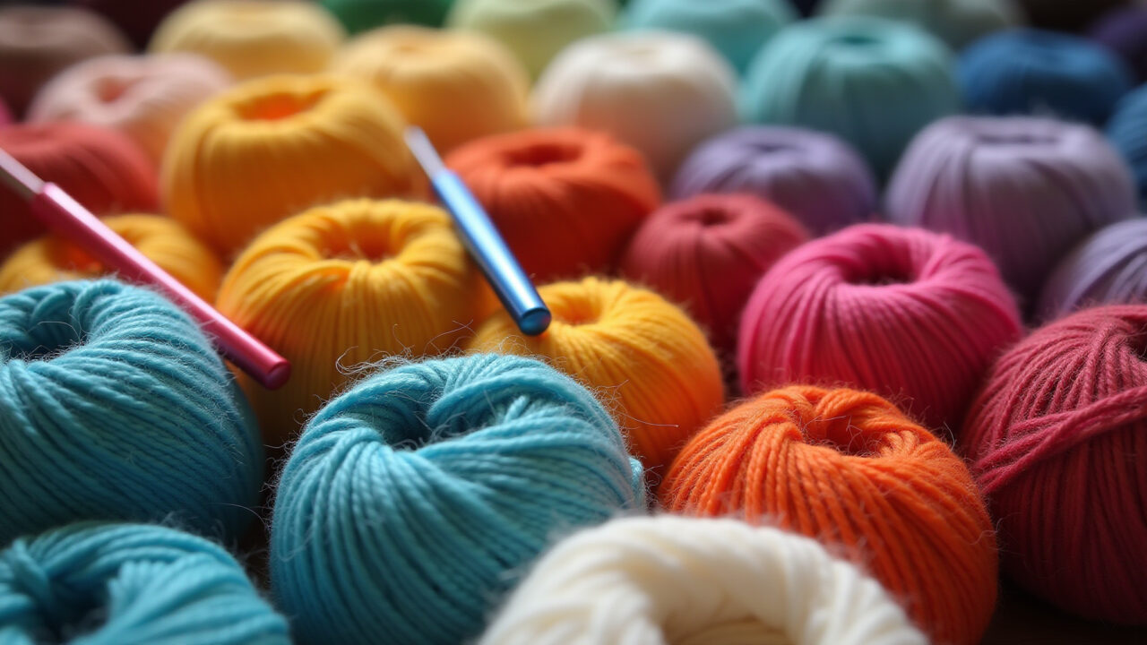 Variedade de fios de algodão mercerizado e agulhas de crochê coloridas.