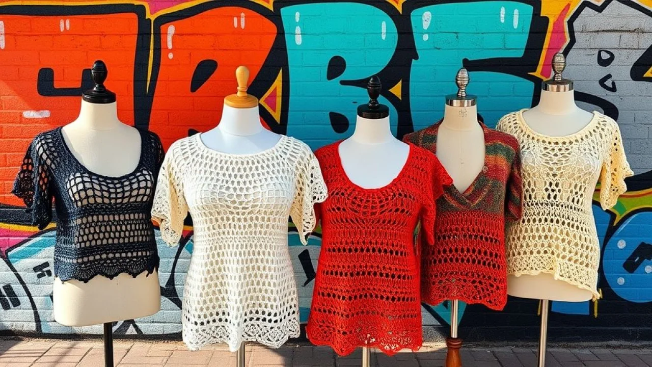 Variety of crocheted top-down blouses in different colors and styles displayed on mannequins Blusas de crochê top down em diversos estilos. Grafite brasileiro ao fundo.