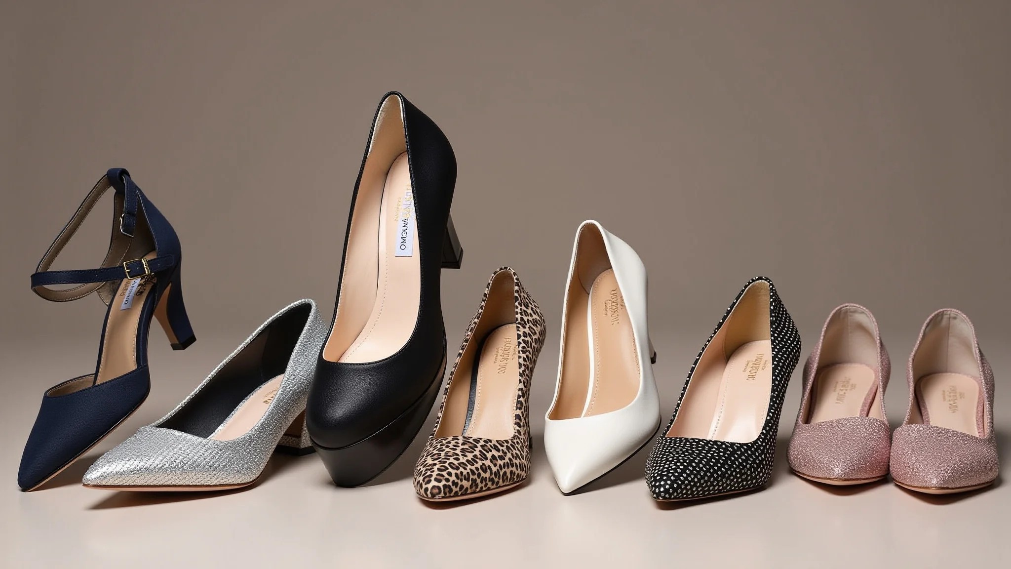 Variedade de sapatos elegantes para vestidos de festa.