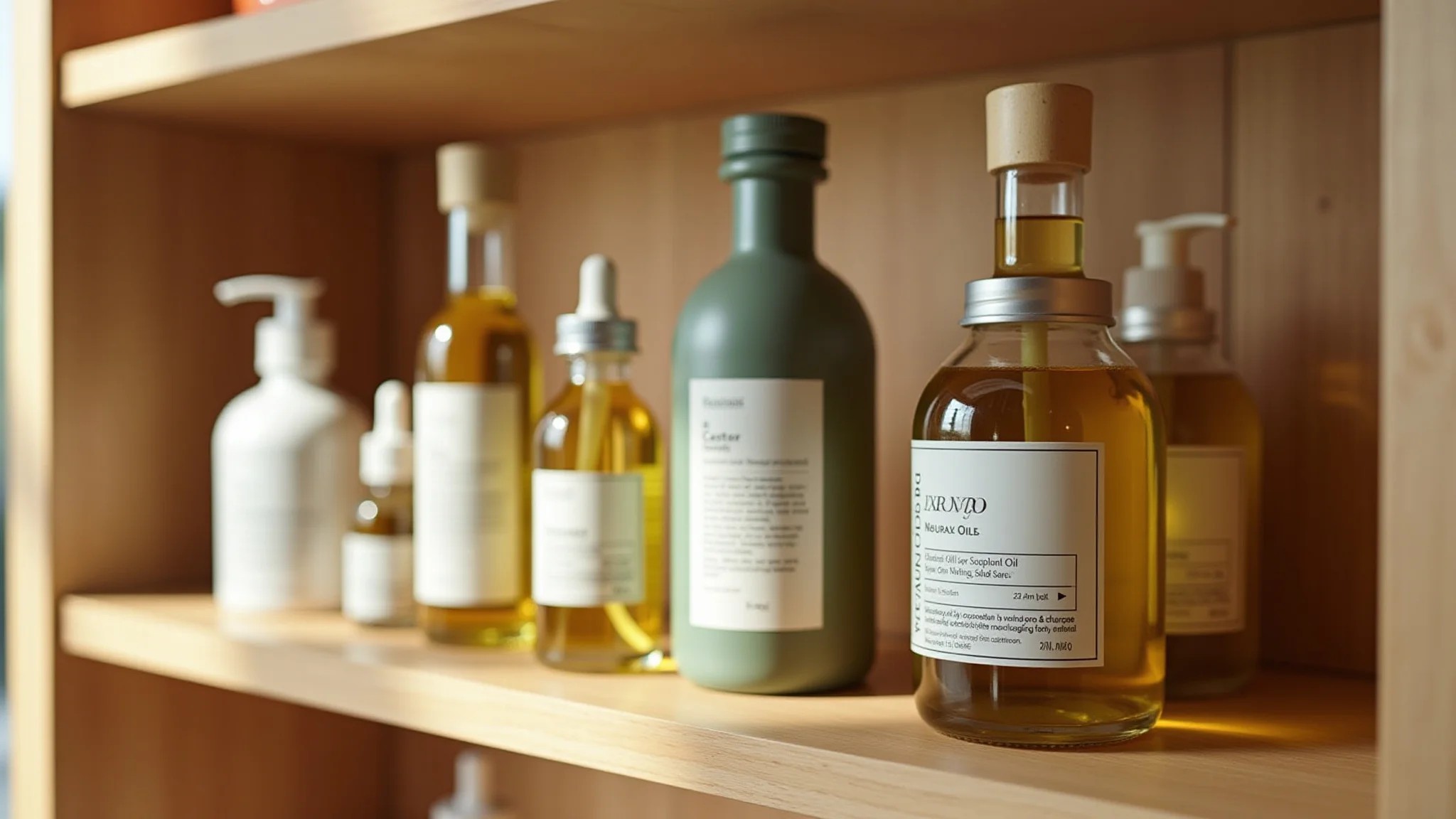 Frascos de óleos naturais (coco, argan, rícino) em prateleira de madeira.