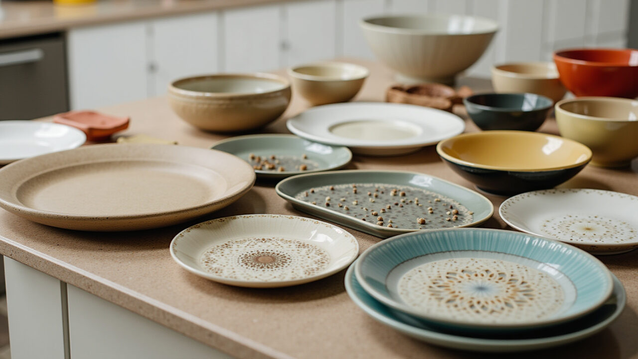 Various bowls, platters, and serving dishes arranged on a kitchen counter, showcasing different Variedade de bowls e travessas em balcão de cozinha.