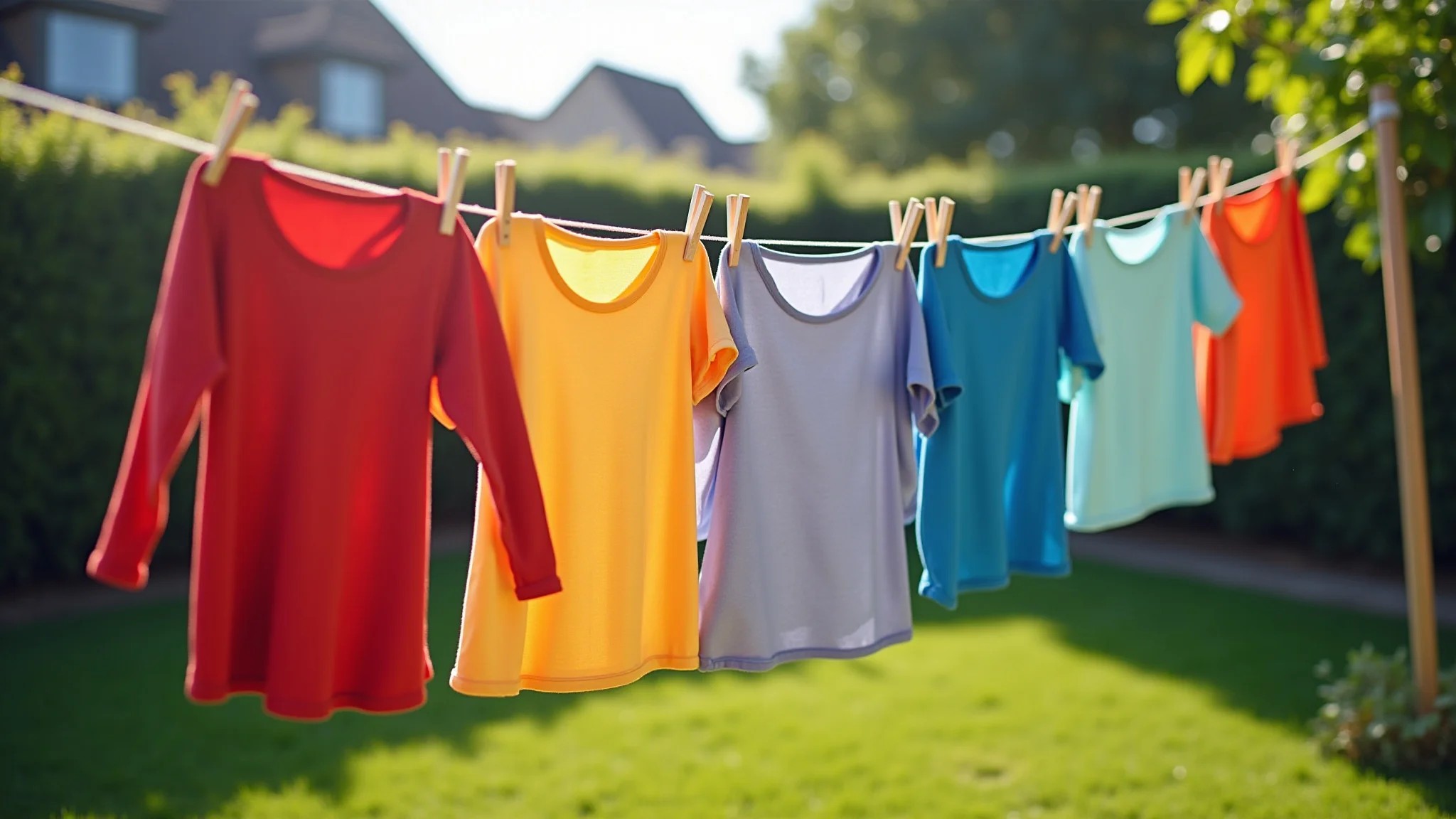 Roupas coloridas secando ao sol, foco na prevenção do mofo.