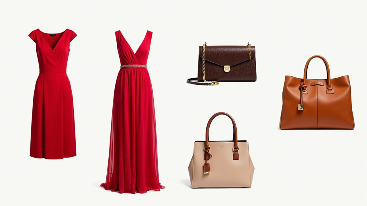 Bolsas combinando com vestido vermelho: clutch para eventos formais, tote bag para o dia a dia.