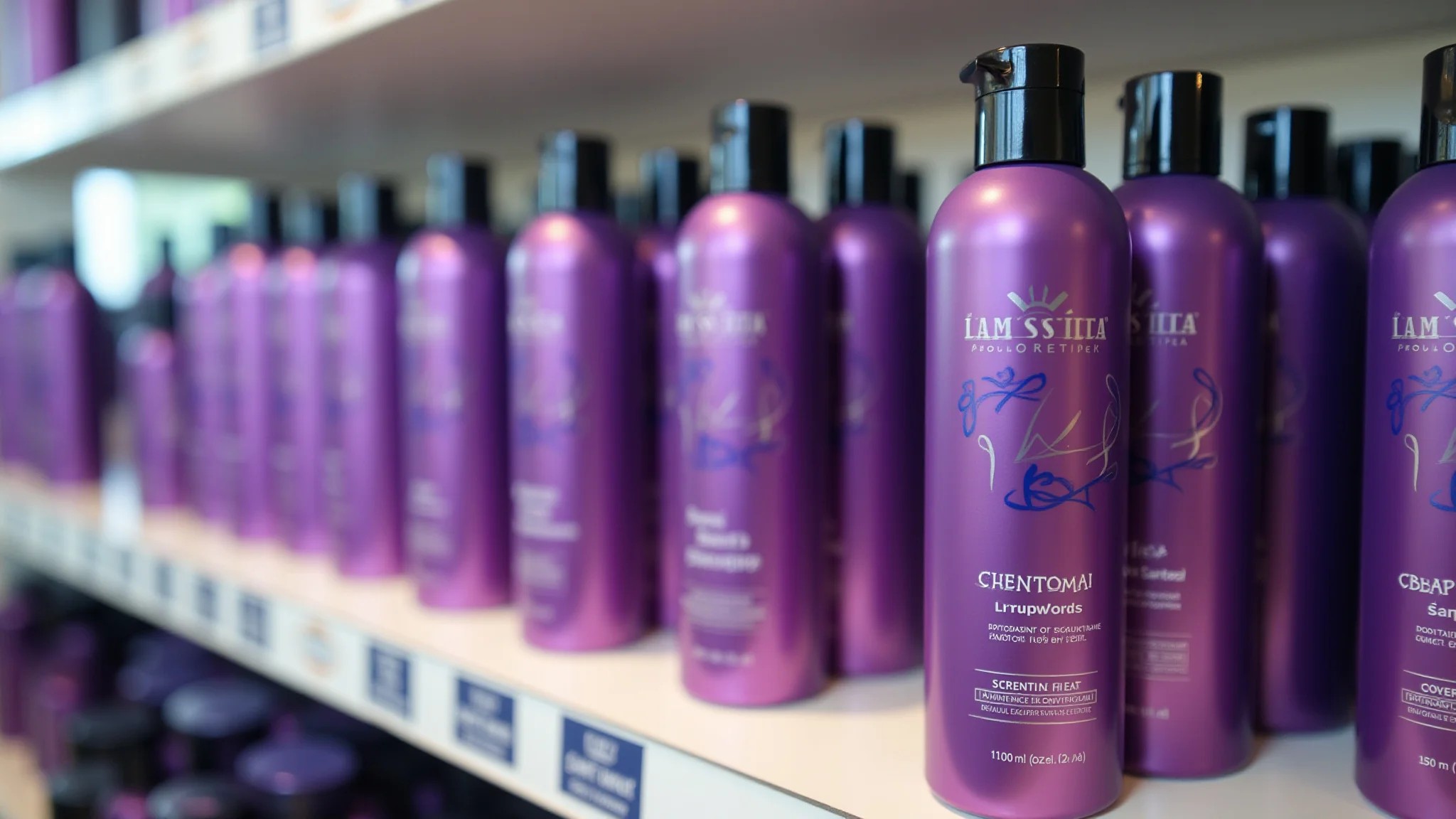 Vários frascos de shampoo roxo em uma prateleira de loja de beleza.