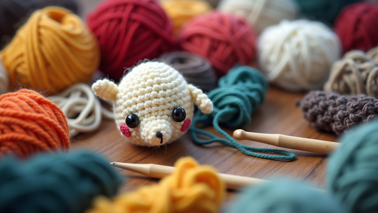 Various yarn scraps, crochet hooks, DIY amigurumi materials, natural light, professional Materiais baratos para amigurumi.