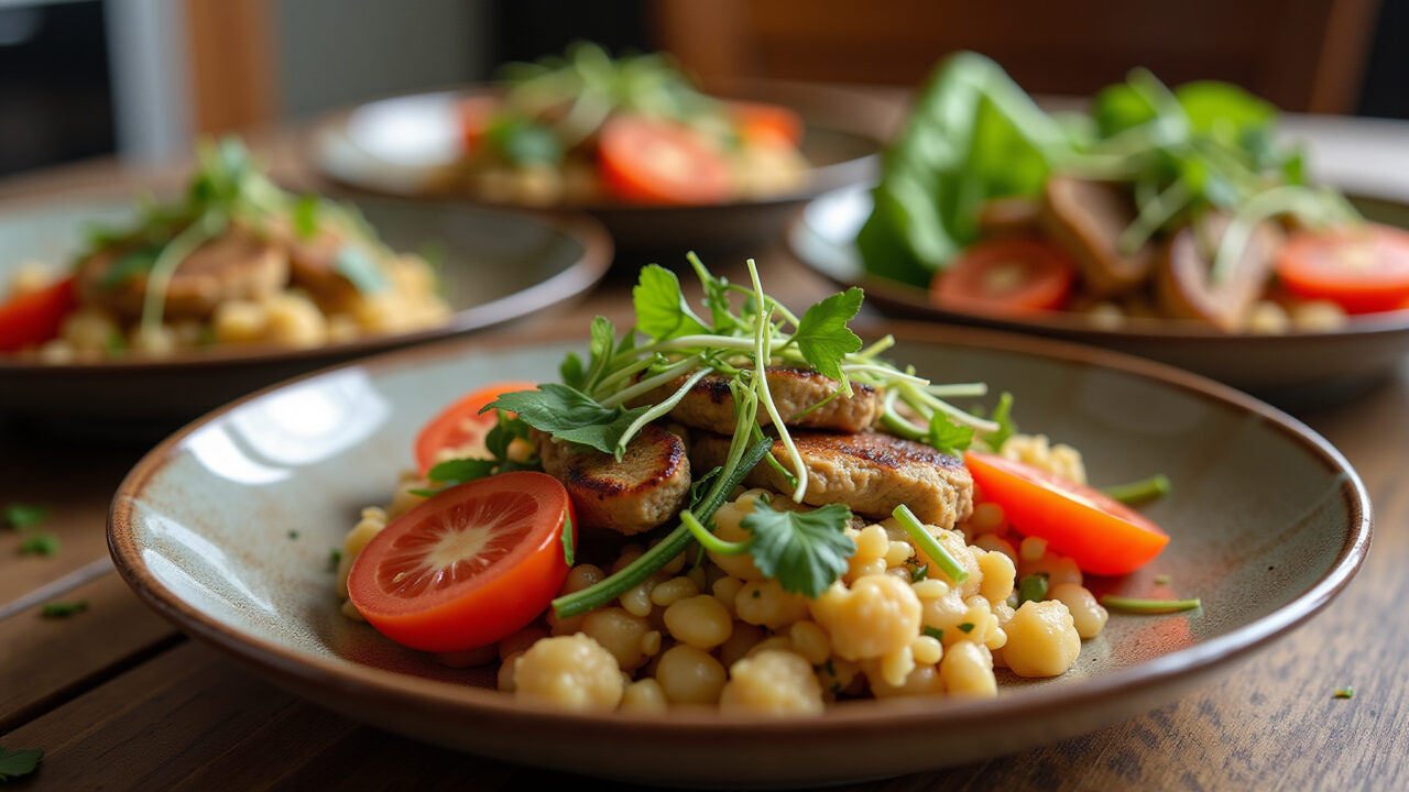 Jantar vegano de aniversário com pratos criativos de legumes e proteínas vegetais.