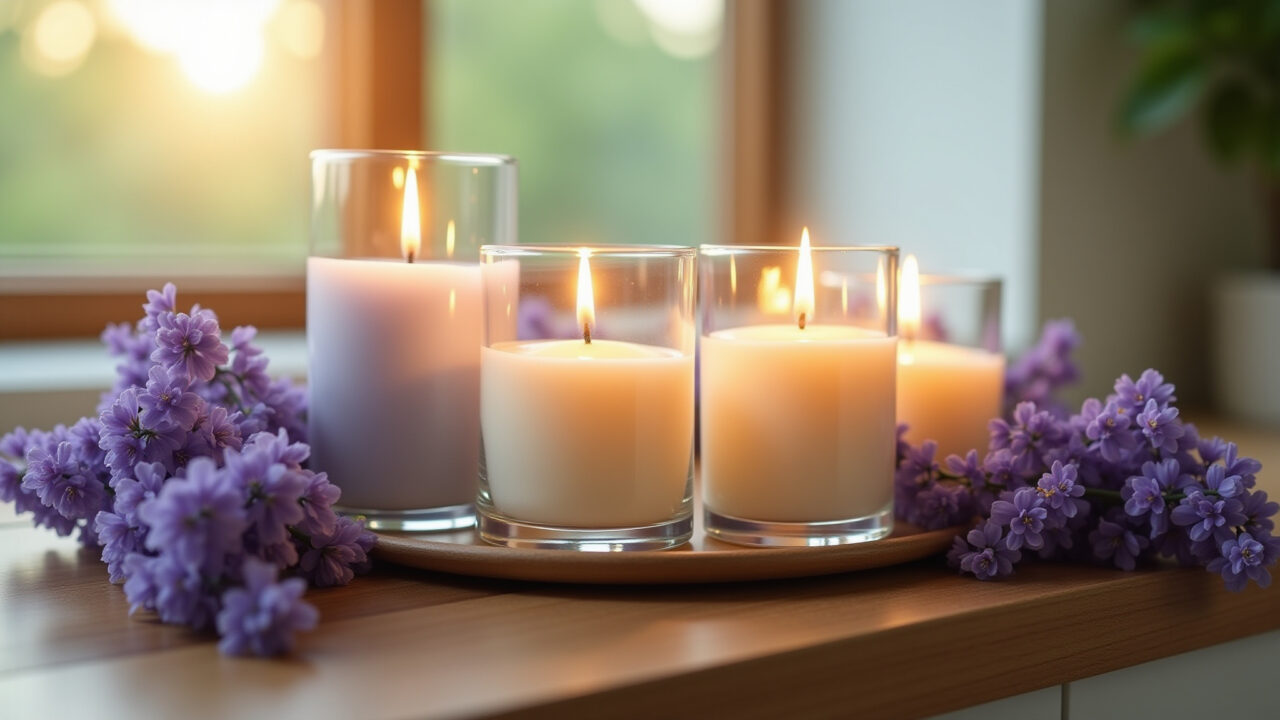 Velas aromáticas caseiras com óleo essencial de lavanda.