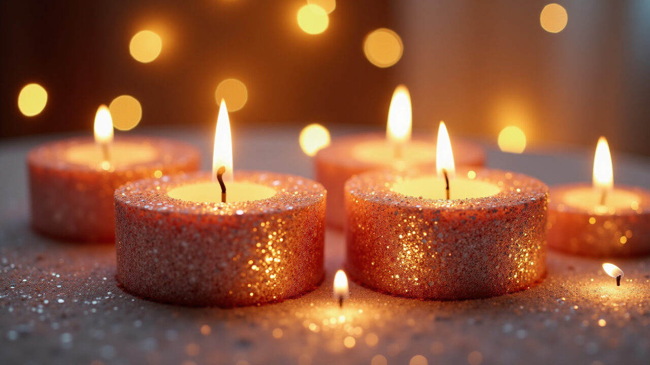 Vela decorada com glitter e lantejoulas brilhantes.