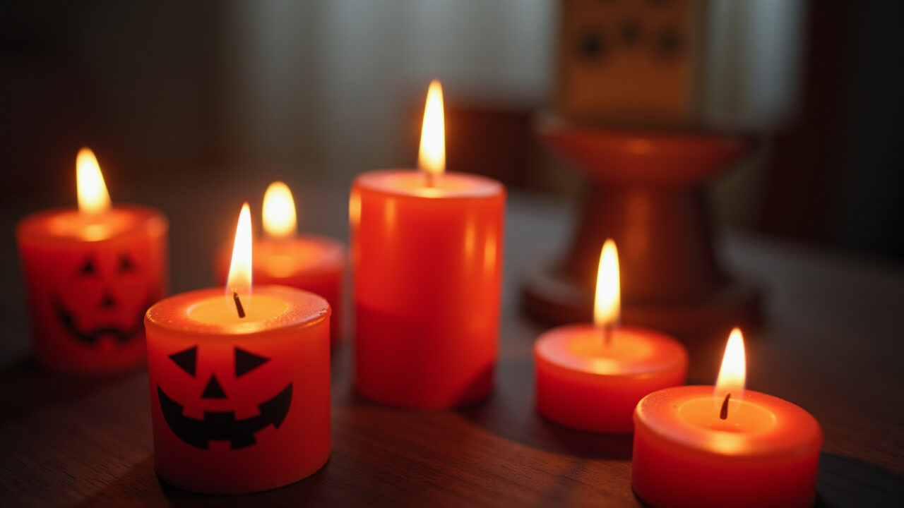 Velas temáticas de Halloween com abóboras e fantasmas.