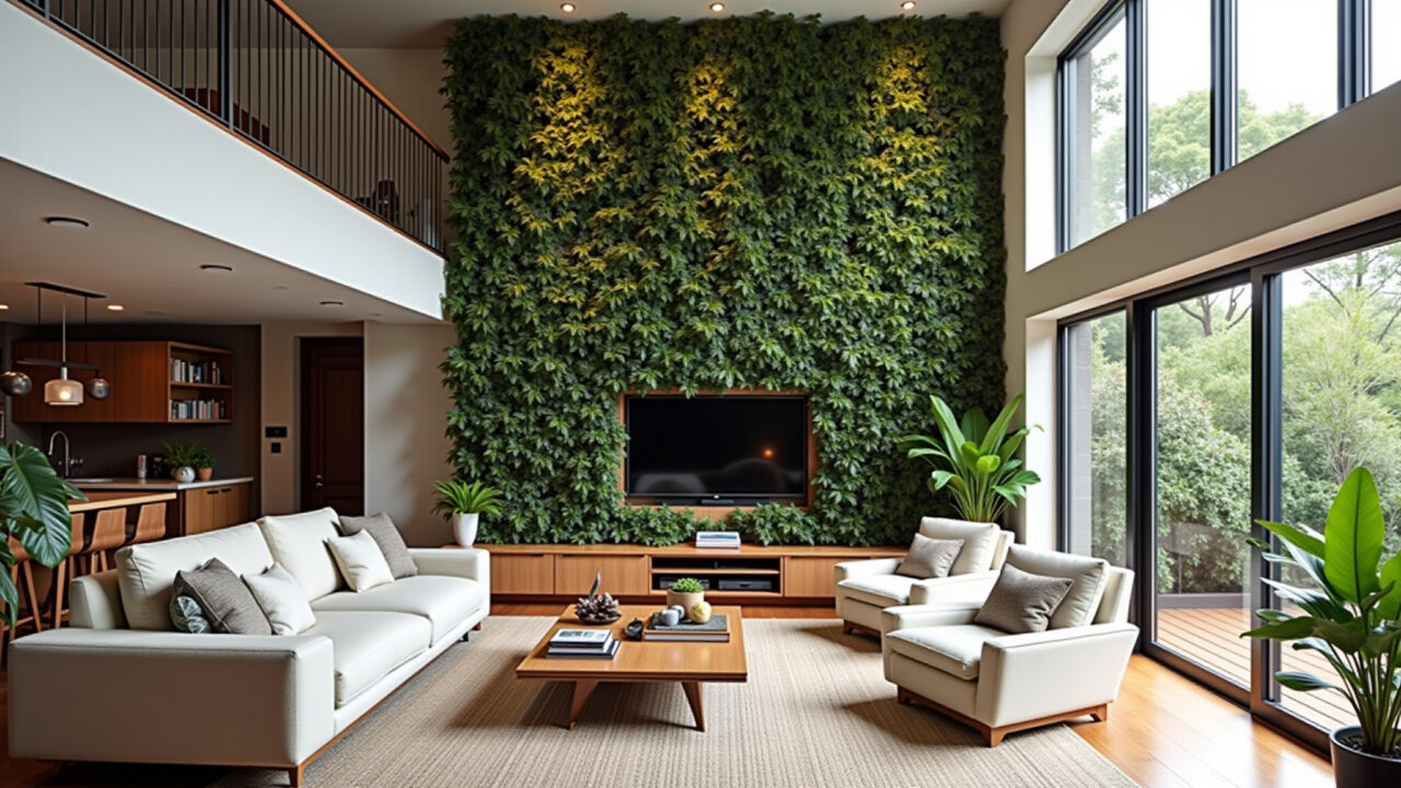 Vertical garden in double-height living room, natural light, modern furniture, Brazilian style, 8K, Jardim vertical exuberante em sala com pé direito duplo.