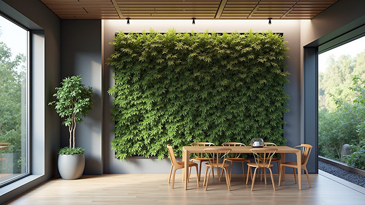 Vertical garden structure with modular panels in a double-height space, showcasing easy Estrutura de painéis modulares para jardim vertical em pé direito duplo.