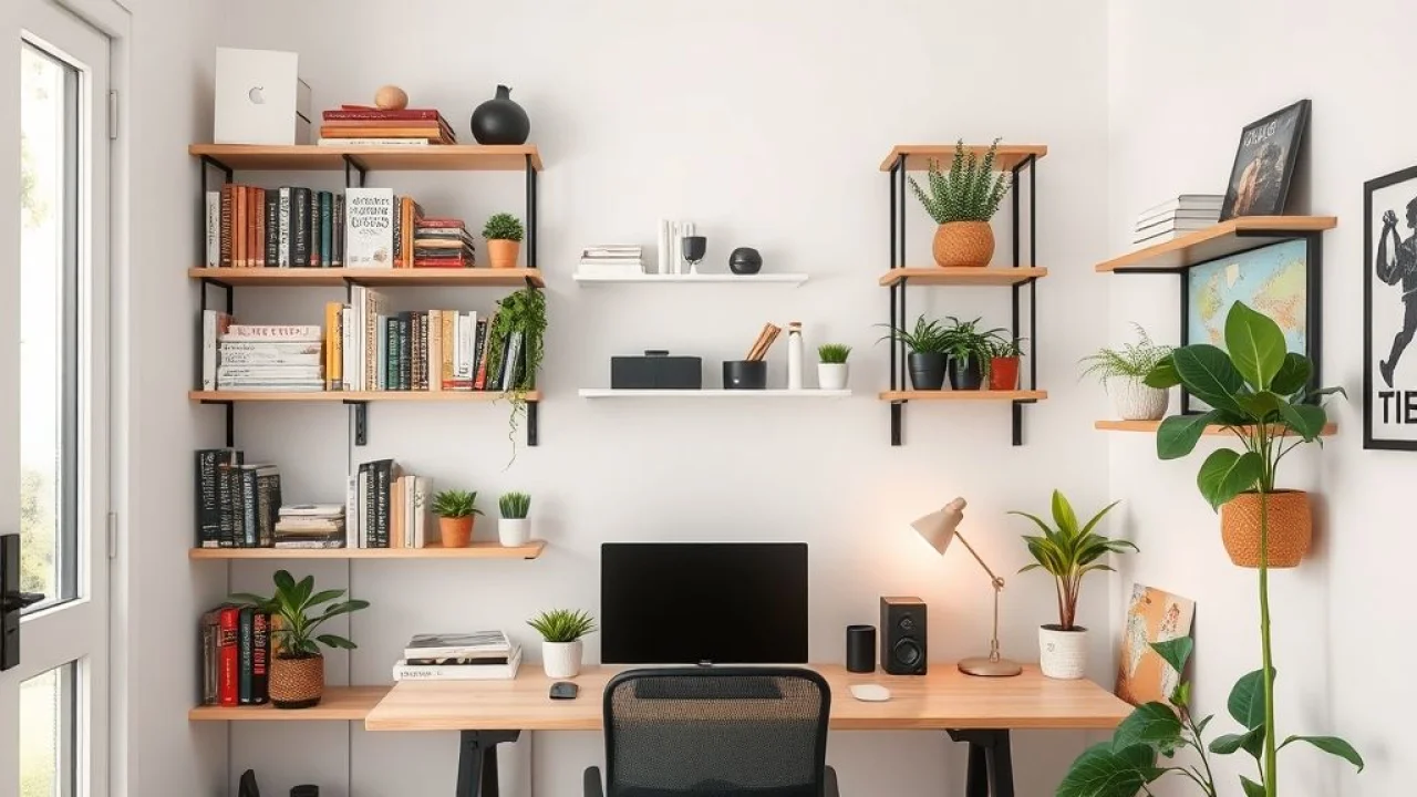Organização vertical com prateleiras e plantas em home office pequeno.