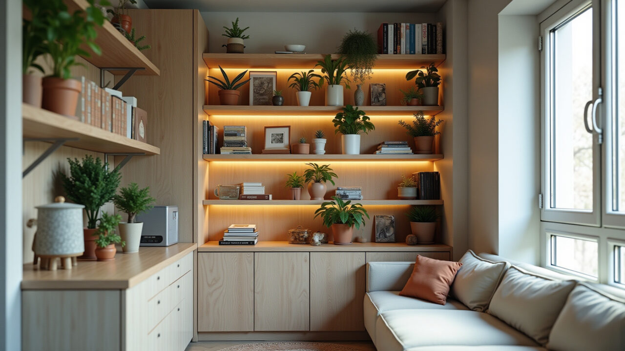 Vertical organization in a tiny Brazilian apartment with shelves and niches. Plants, books, decor Organização vertical em kitnet com prateleiras e nichos.