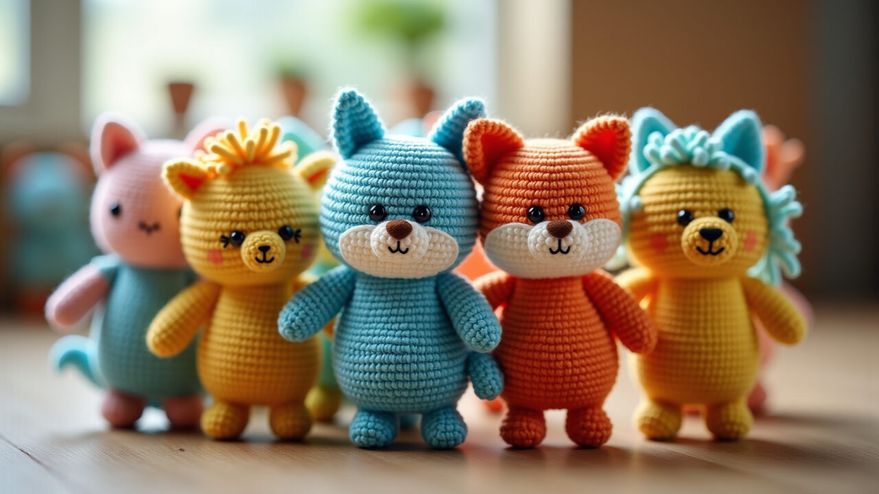Vibrant amigurumi for children, colorful toys, playful setting, natural lighting, 8K quality, sharp Amigurumi infantil com cores vibrantes e cenário alegre.