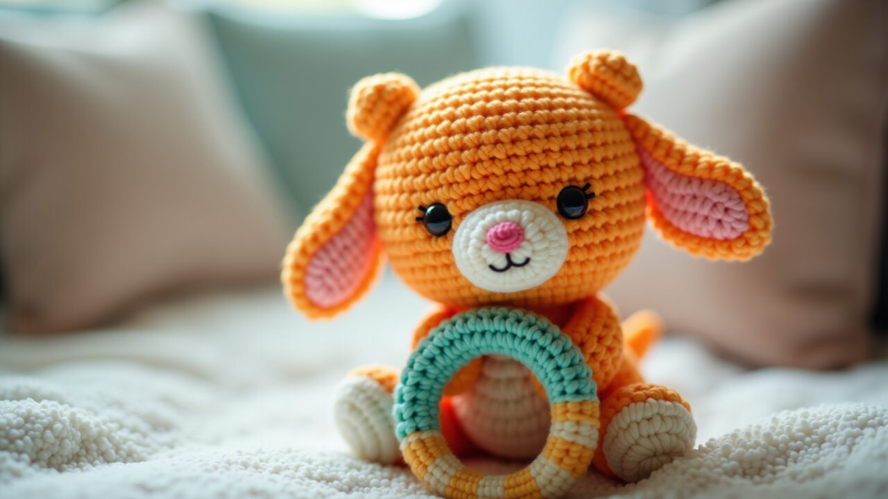 Vibrant amigurumi rattle, easy to hold, colorful design, soft focus, baby playing, natural Chocalho de amigurumi colorido para bebês de 3 a 6 meses.