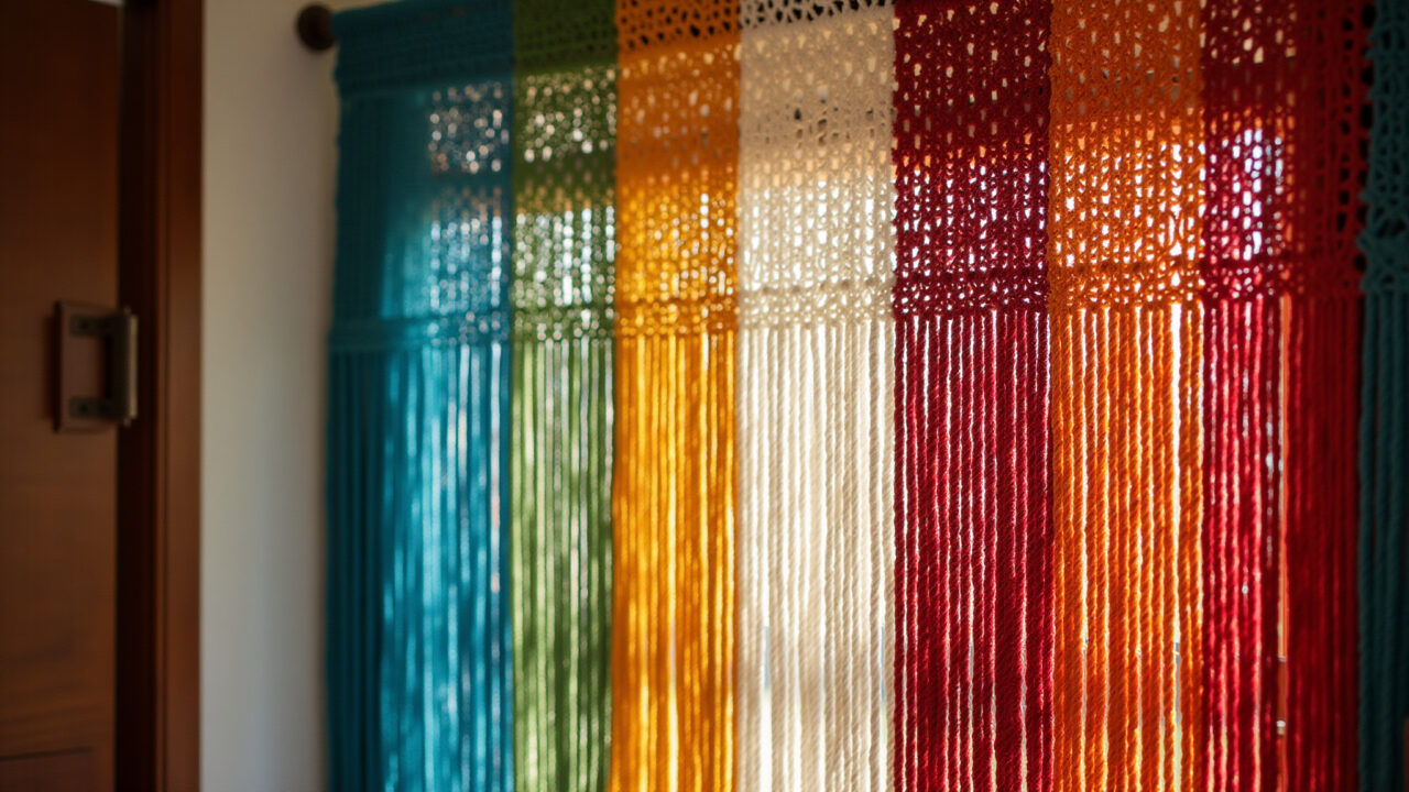 Cortina de macramê colorida, expressando alegria e personalidade.