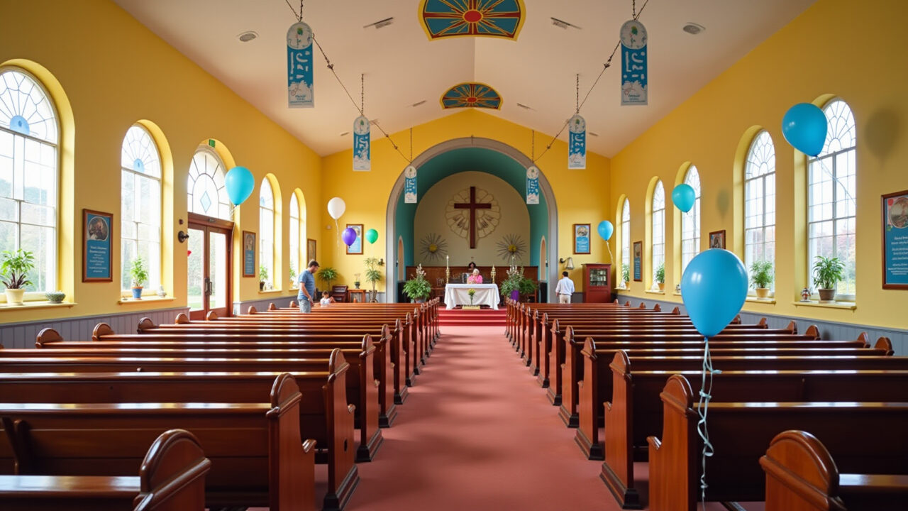 Vibrant church hall decorated for Children's Day, balloons, banners, happy atmosphere, natural Salão de igreja vibrante decorado para o Dia das Crianças.