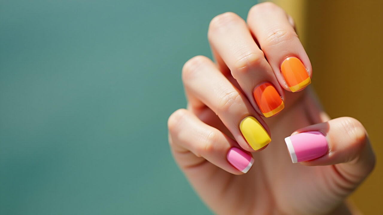 Vibrant colorful French manicure, summer 2026, yellow, orange, pink tips, reinvented classic, Francesinha colorida vibrante: amarelo, laranja e rosa nas pontas.