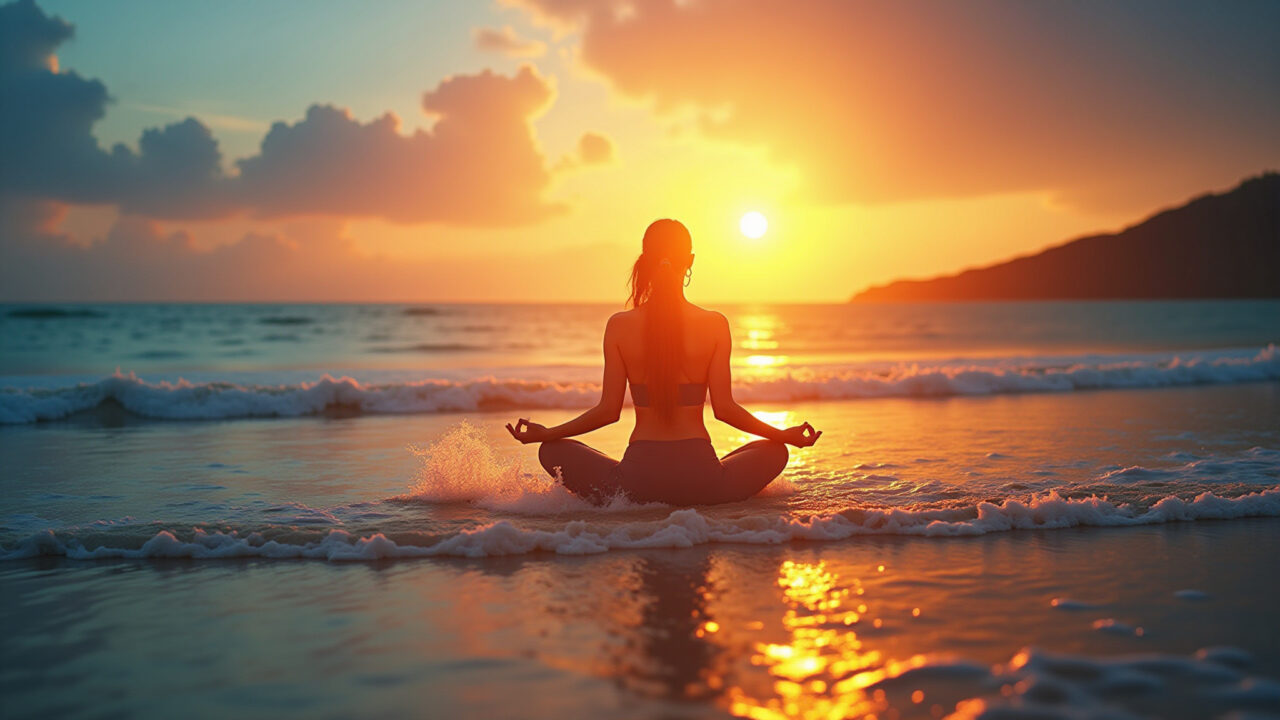 Vibrant energy waves radiating from a person practicing yoga, beach setting at sunrise, Ondas de energia vibrante irradiando de pessoa praticando yoga.