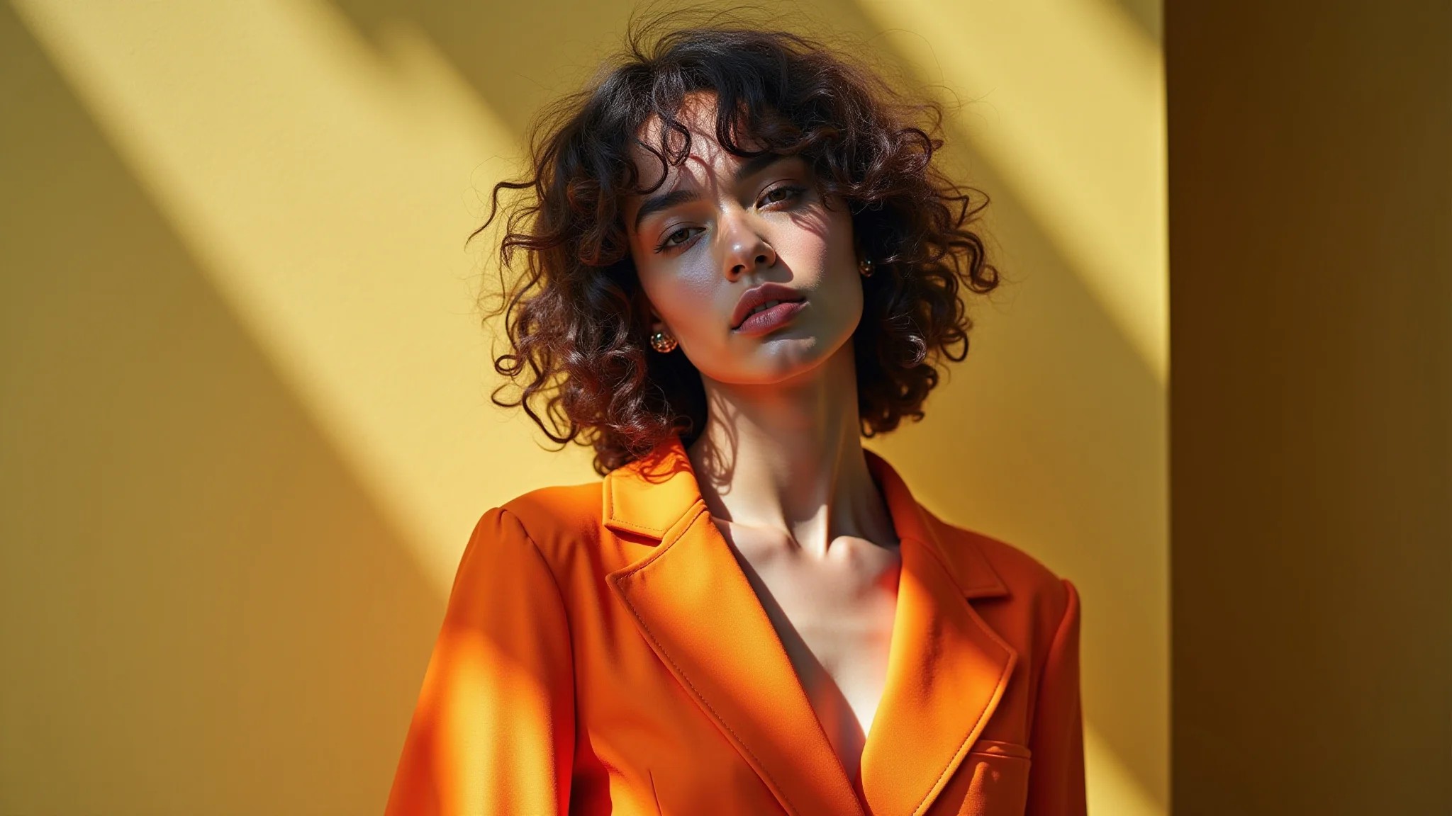 Editorial de moda vibrante com modelo brasileira usando vestido laranja, tendências primavera/verão 2026.