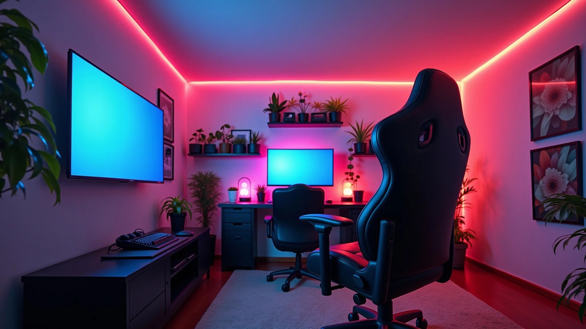 Quarto gamer vibrante com iluminação RGB, cadeira ergonômica e prateleiras flutuantes.
