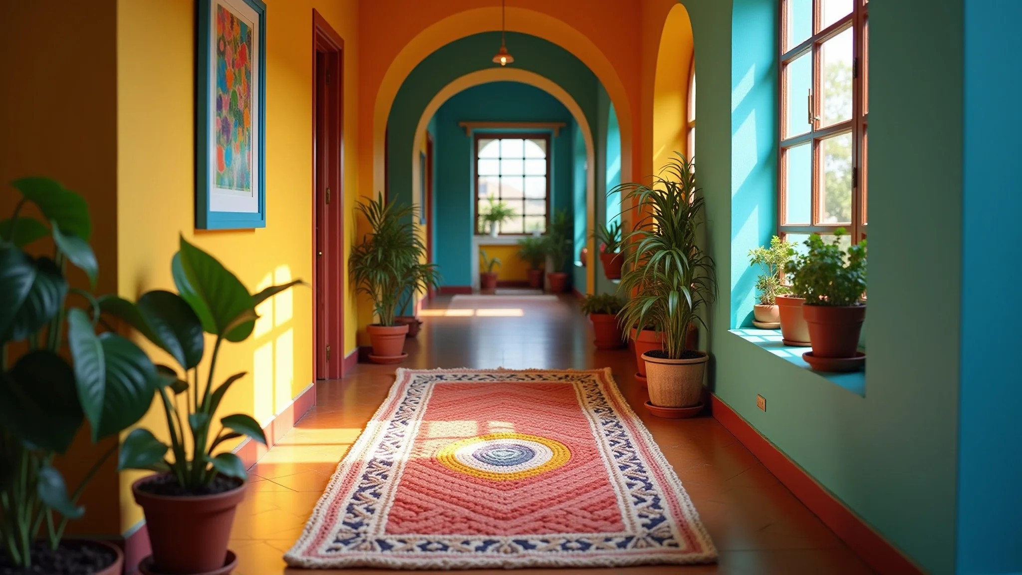 Corredor vibrante com passadeira de crochê artesanal, decoração brasileira e plantas.